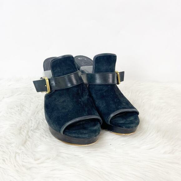Ugg 8.5 Womens Black Suede Leather Karlee Slide Mule Stack Heels Peep Toe Buckle - Picture 1 of 12
